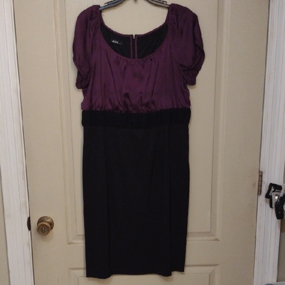 Alyx Two-Tone Purple and Black Midi Dress with Puff Sleeves